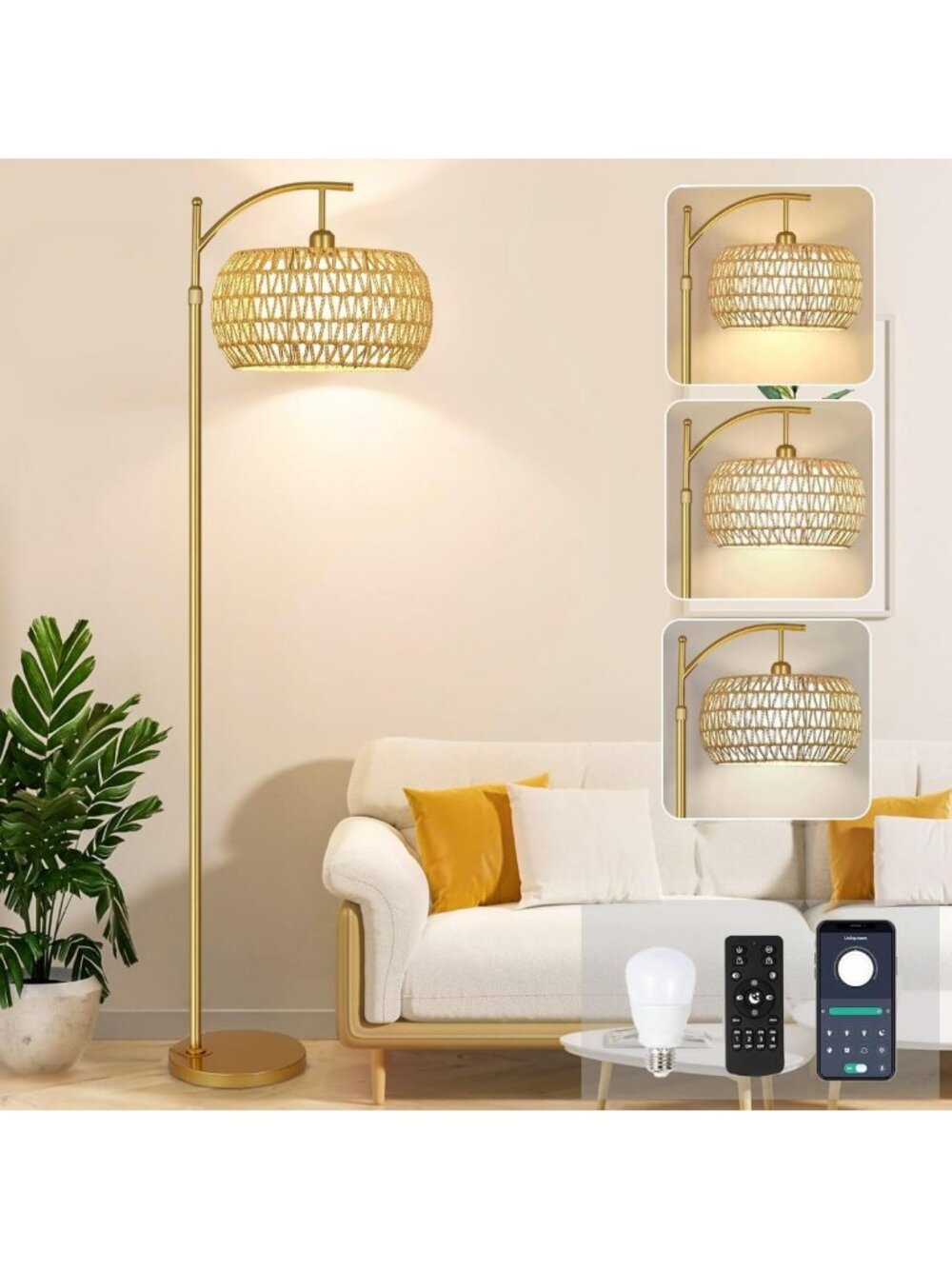 Boho Rattan Floor Lamp with Remote Control, Dimmable Vintage Brass Tall Light